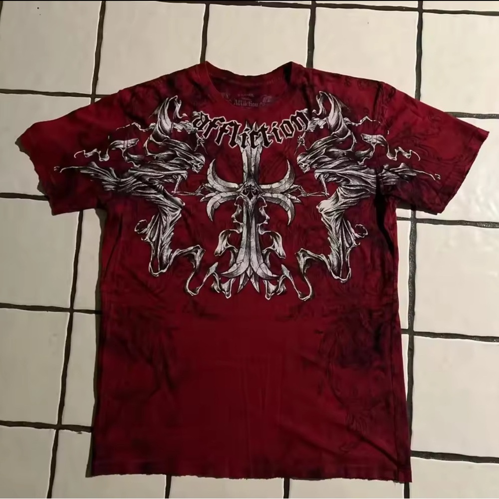 Affliction Red Short Sleeve Tee with Ornate Design